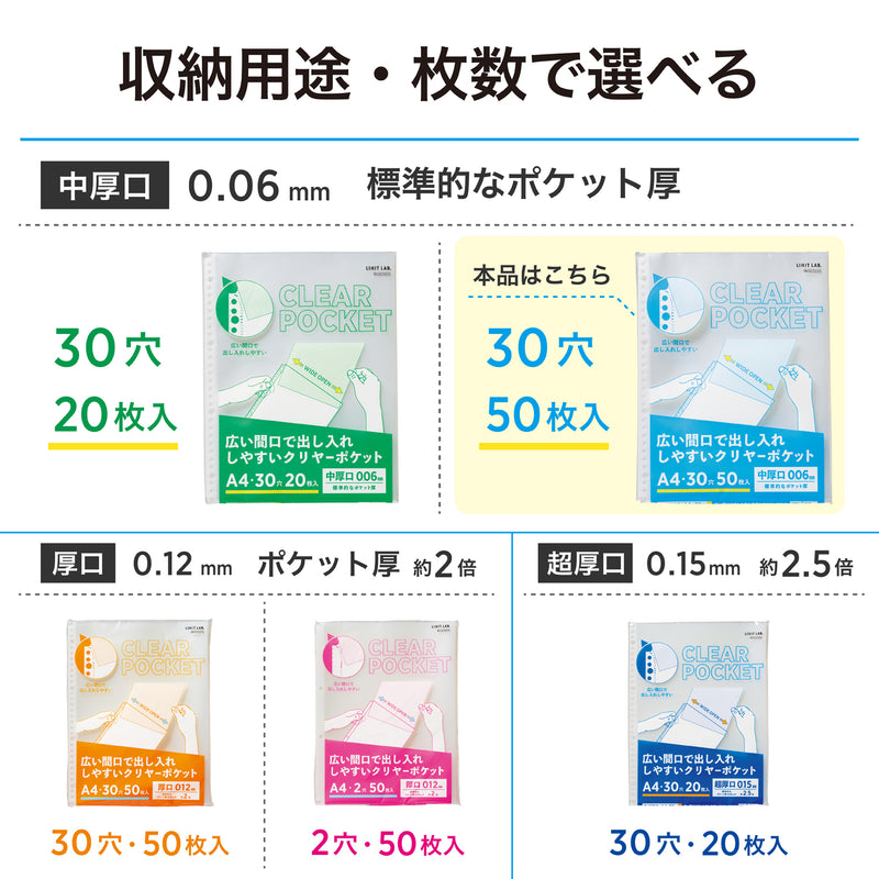 リクエスト 広い間口で出し入れしやすいクリヤーポケット　Ａ４・３０穴（生地厚０．０６ｍｍ）　中厚口・５０枚パック