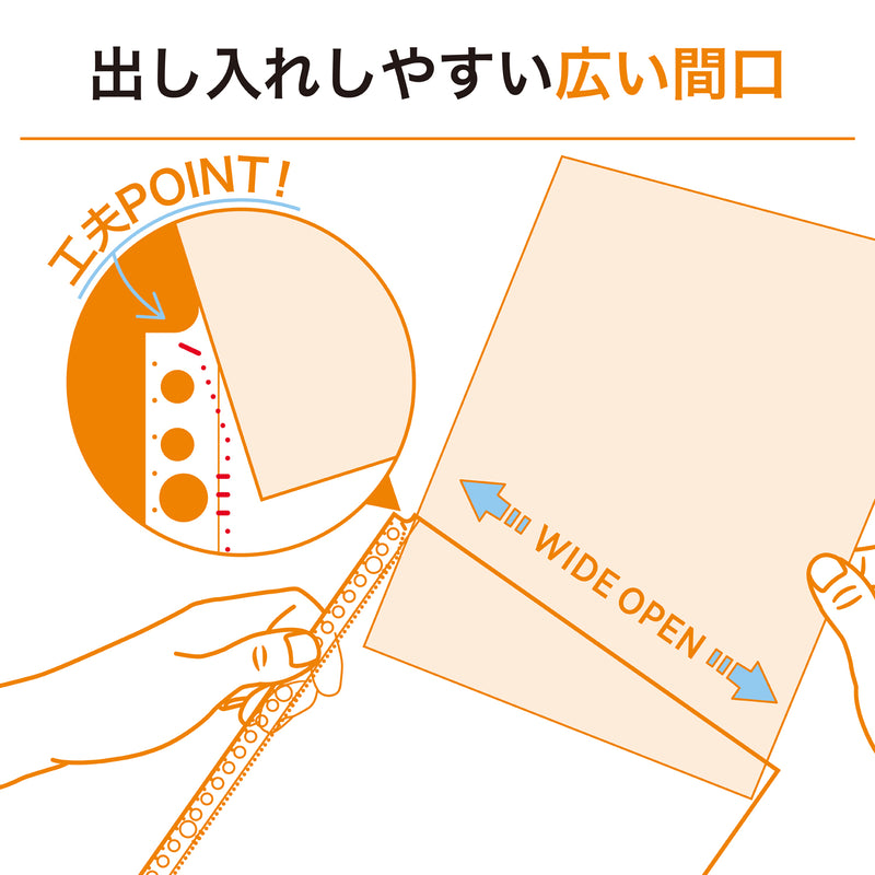 リクエスト 広い間口で出し入れしやすいクリヤーポケット　Ａ４・３０穴（生地厚０．１２ｍｍ）　厚口・５０枚パック